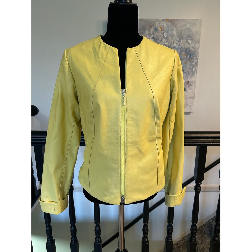 Vintage Neto Yellow Leather Jacket Womens 8 Made in Canada Collarless Zip Up